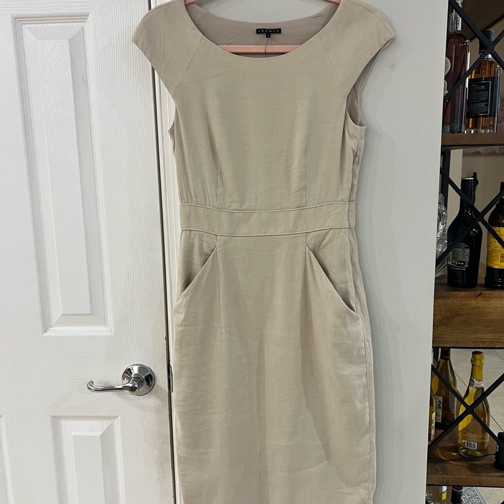 Theory Beige Cap Sleeve Midi Dress